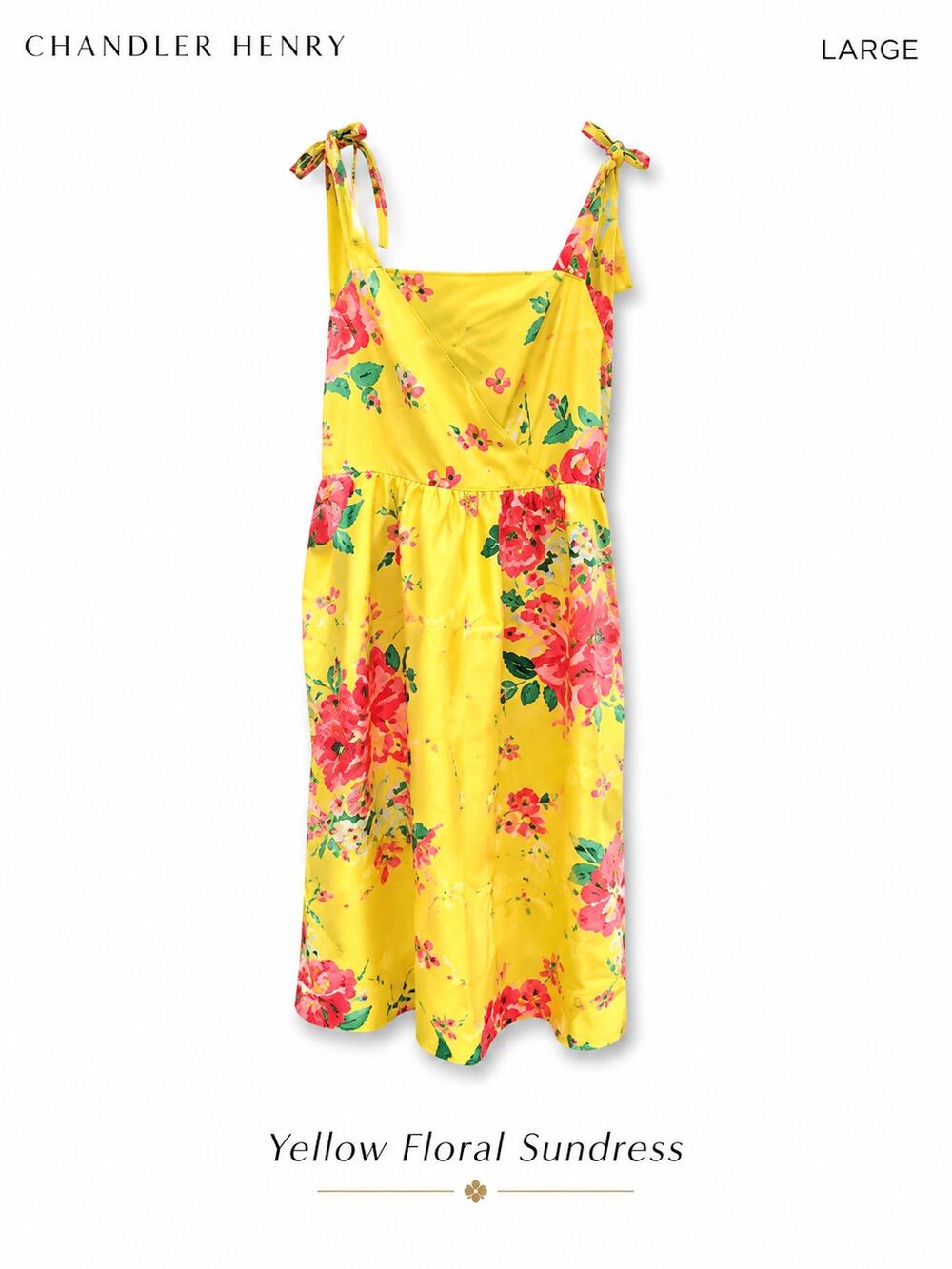 Chandler Henry Sundress Large Yellow Floral Tie Shoulder Midi Dress